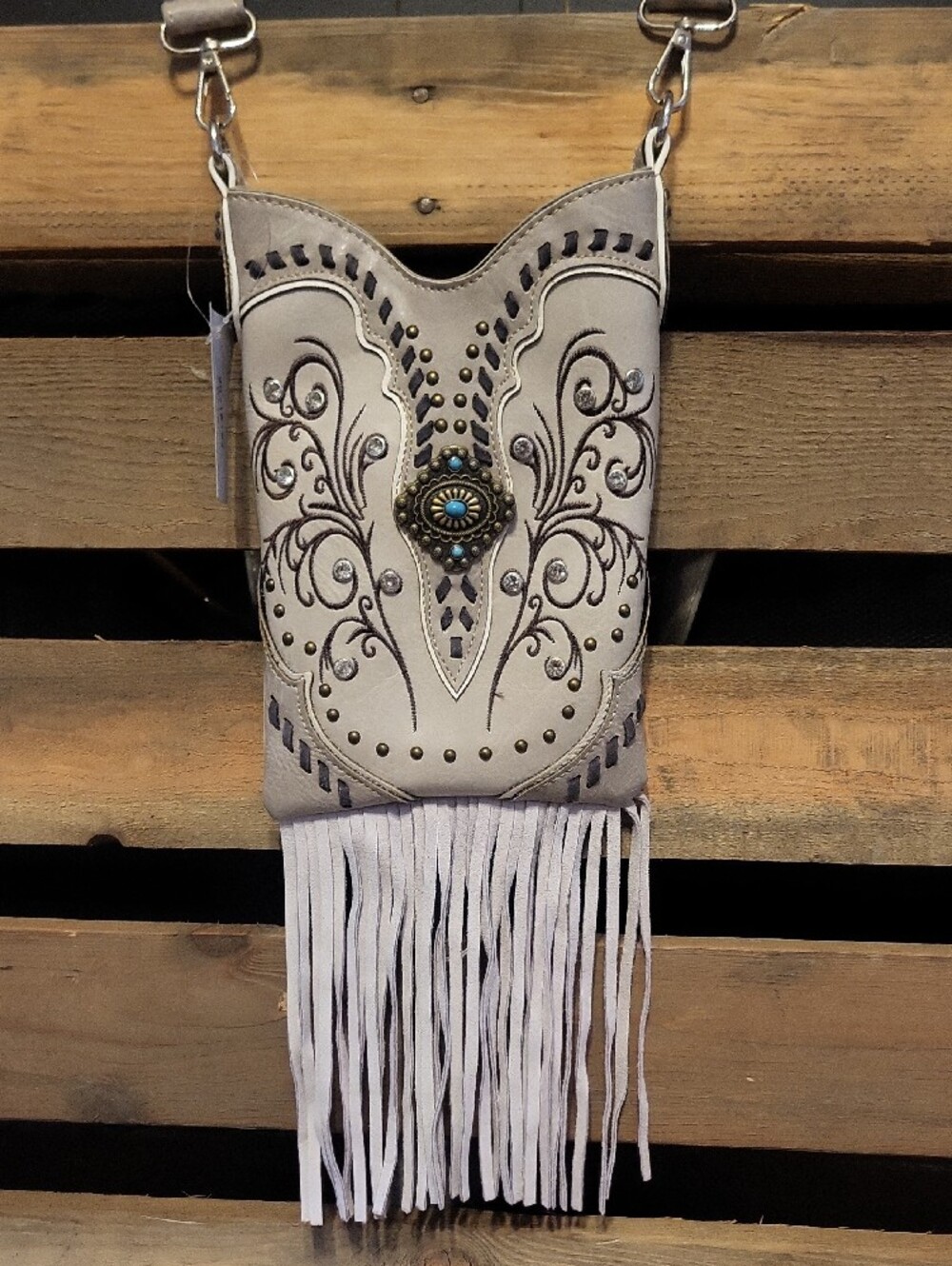 Embellished Taupe Fringe Crossbody Bag with Turquoise Concho NWT - Picture 3 of 15